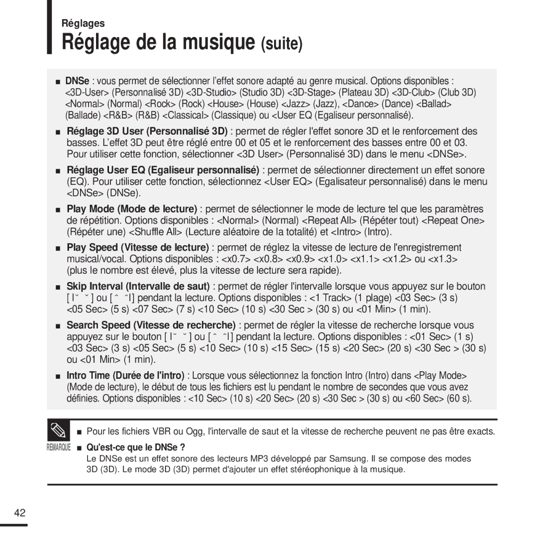 Samsung YP-U2XW/ELS, YP-U2ZW/ELS, YP-U2QW/ELS, YP-U2XB/ELS manual Réglage de la musique suite, Remarque Quest-ce que le DNSe ? 