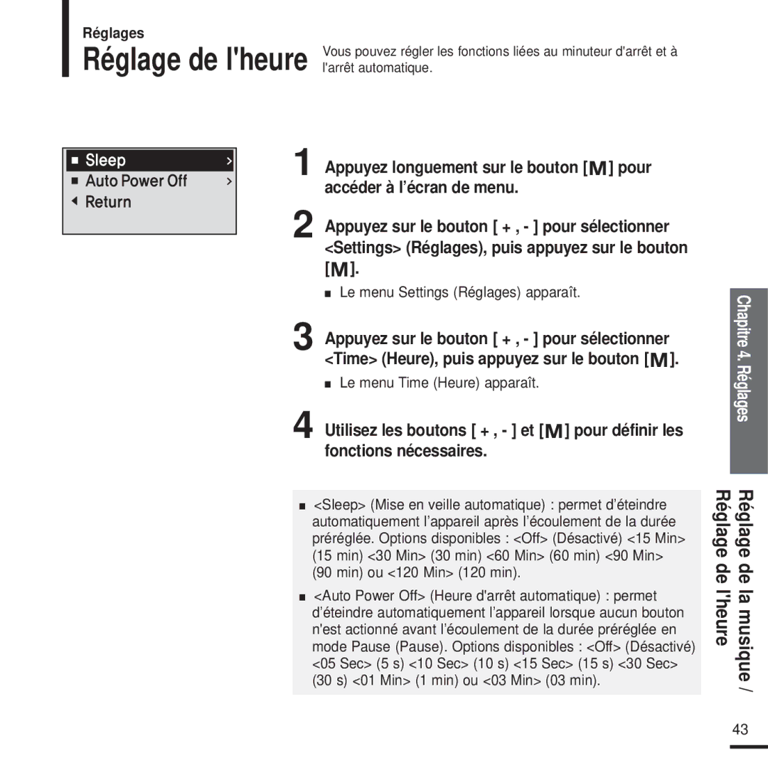 Samsung YP-U2XB/ELS manual Réglage de la musique / Réglage de lheure, Le menu Time Heure apparaît, Min ou 120 Min 120 min 