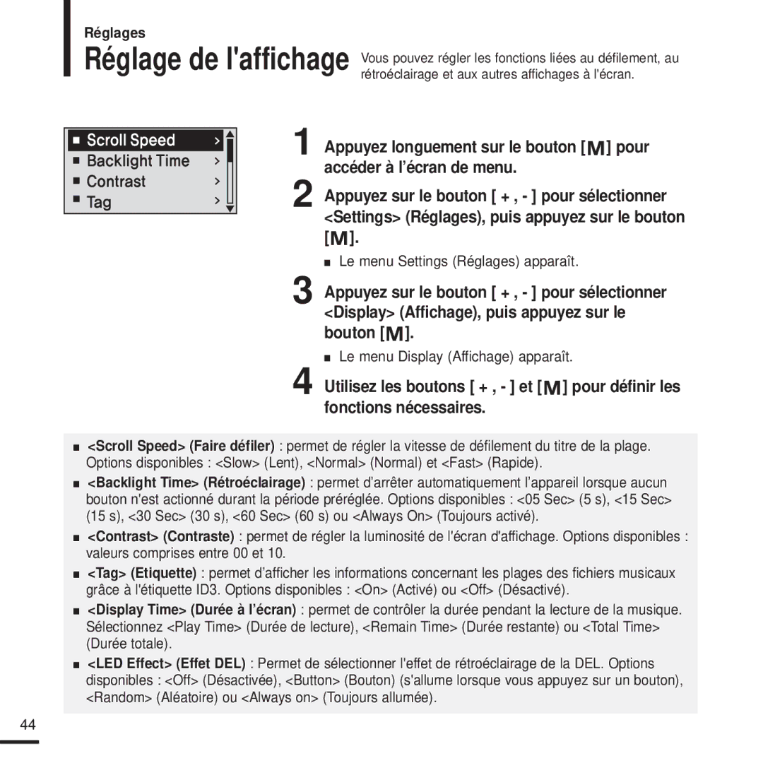 Samsung YP-U2ZW/ELS, YP-U2QW/ELS, YP-U2XW/ELS, YP-U2XB/ELS manual Le menu Display Affichage apparaît 