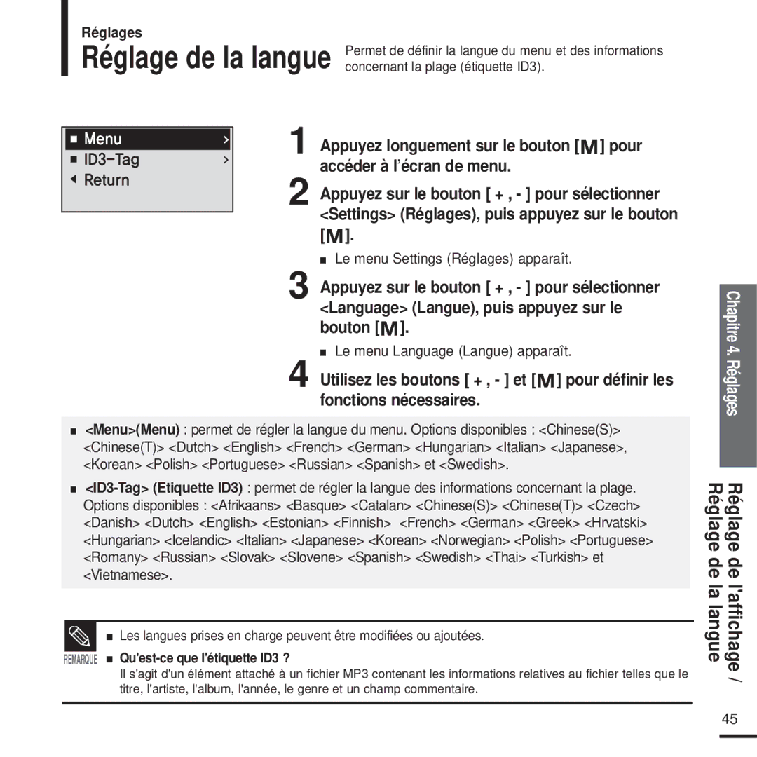 Samsung YP-U2QW/ELS, YP-U2ZW/ELS, YP-U2XW/ELS manual Le menu Language Langue apparaît, Remarque Quest-ce que létiquette ID3 ? 