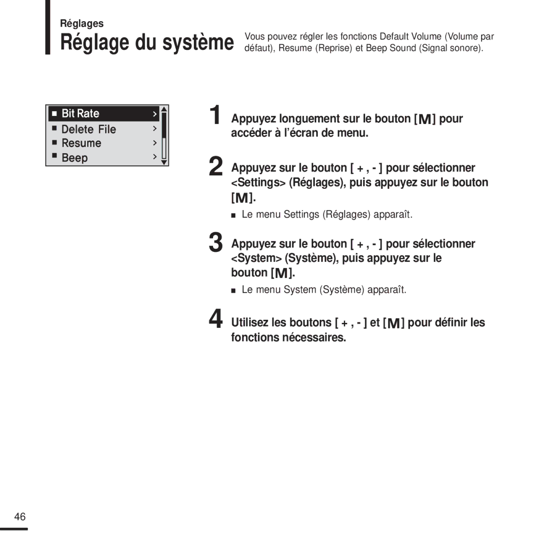 Samsung YP-U2XW/ELS, YP-U2ZW/ELS, YP-U2QW/ELS, YP-U2XB/ELS manual Réglage du système, Le menu System Système apparaît 