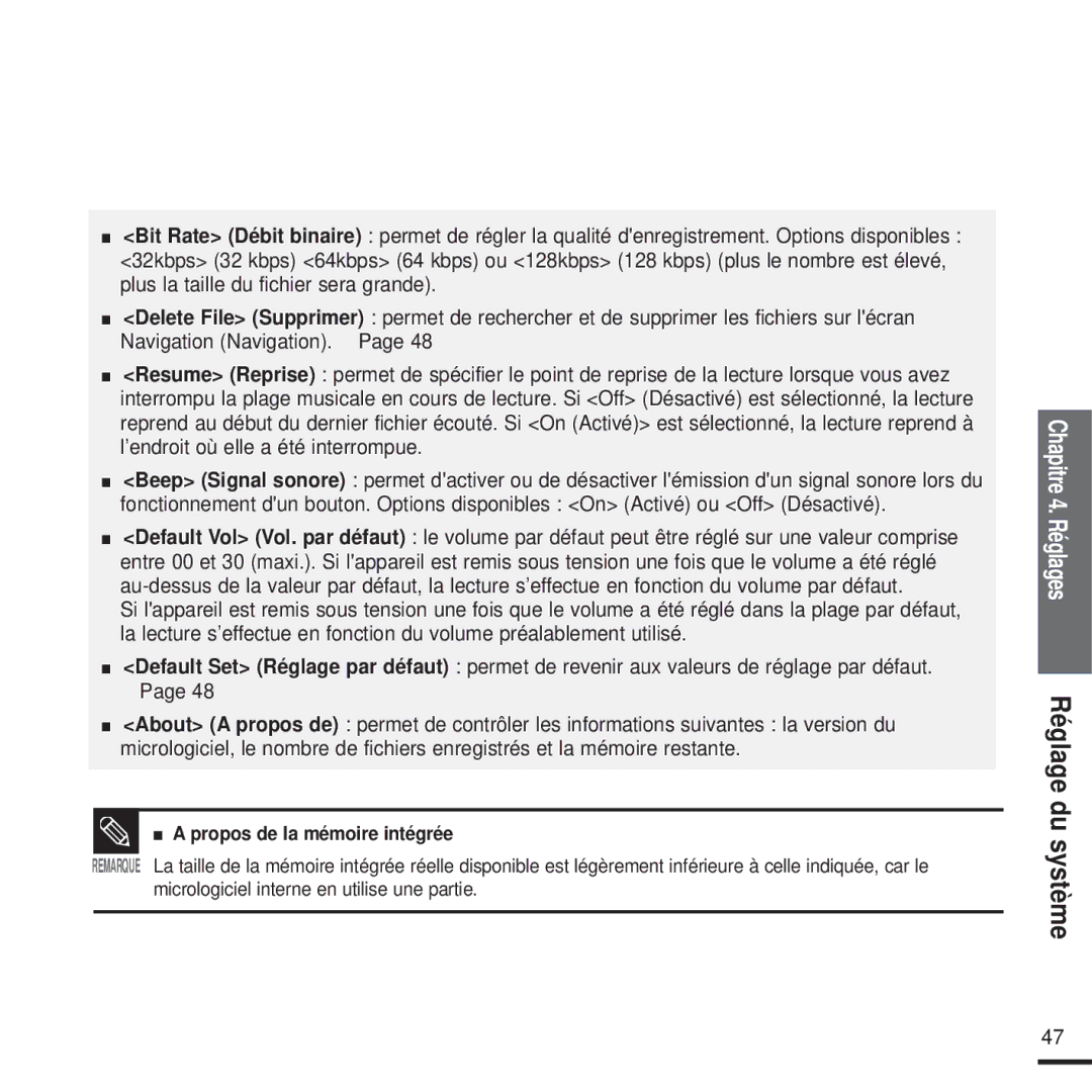 Samsung YP-U2XB/ELS, YP-U2ZW/ELS, YP-U2QW/ELS, YP-U2XW/ELS manual Chapitre 4. Réglages Réglage du système 