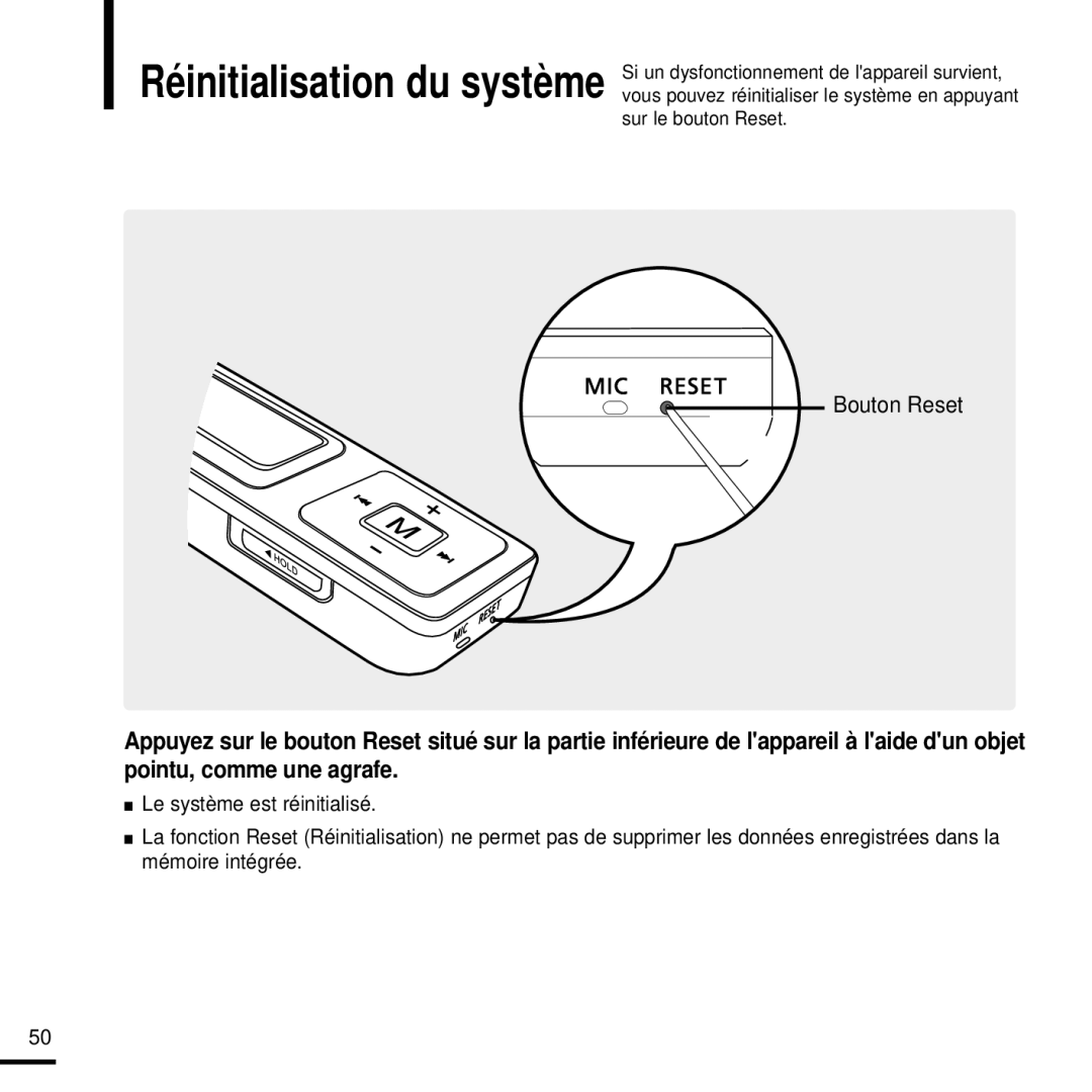 Samsung YP-U2XW/ELS, YP-U2ZW/ELS, YP-U2QW/ELS, YP-U2XB/ELS manual Sur le bouton Reset 