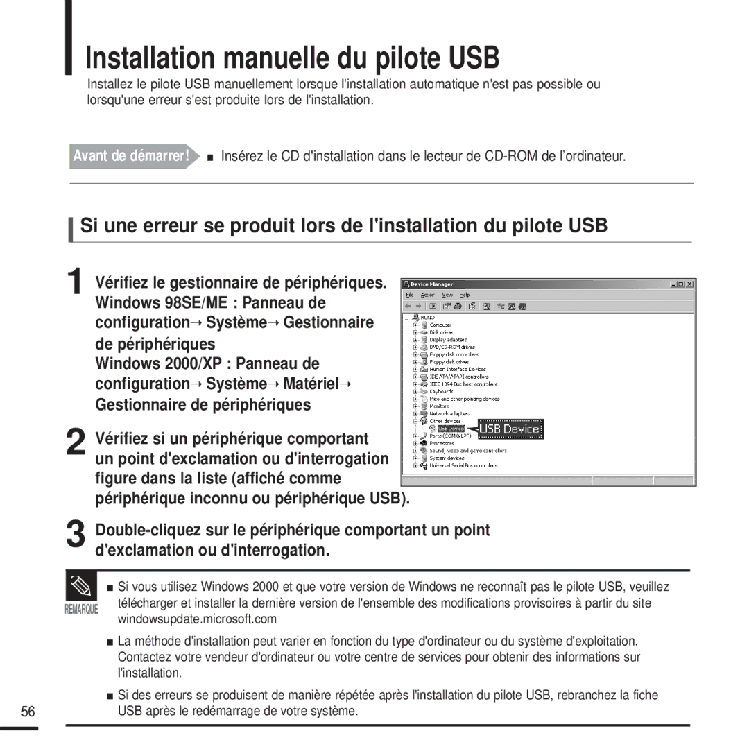 Samsung YP-U2ZW/ELS, YP-U2QW/ELS, YP-U2XW/ELS manual Installation manuelle du pilote USB, Gestionnaire de périphériques 