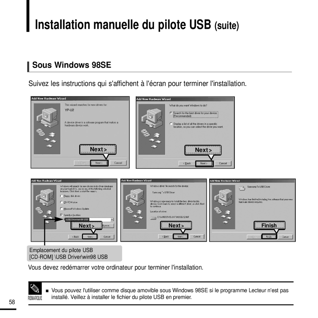 Samsung YP-U2XW/ELS, YP-U2ZW/ELS, YP-U2QW/ELS, YP-U2XB/ELS manual Installation manuelle du pilote USB suite, Sous Windows 98SE 