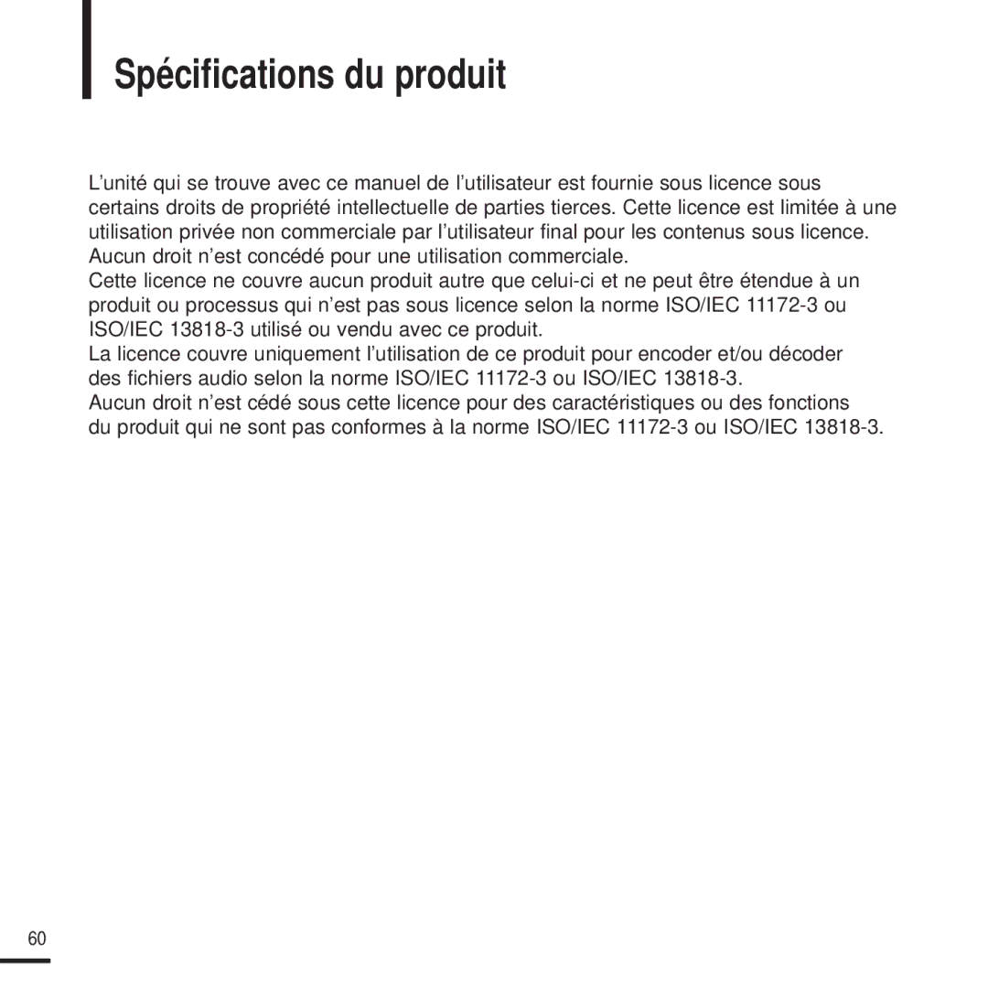 Samsung YP-U2ZW/ELS, YP-U2QW/ELS, YP-U2XW/ELS, YP-U2XB/ELS manual Spécifications du produit 