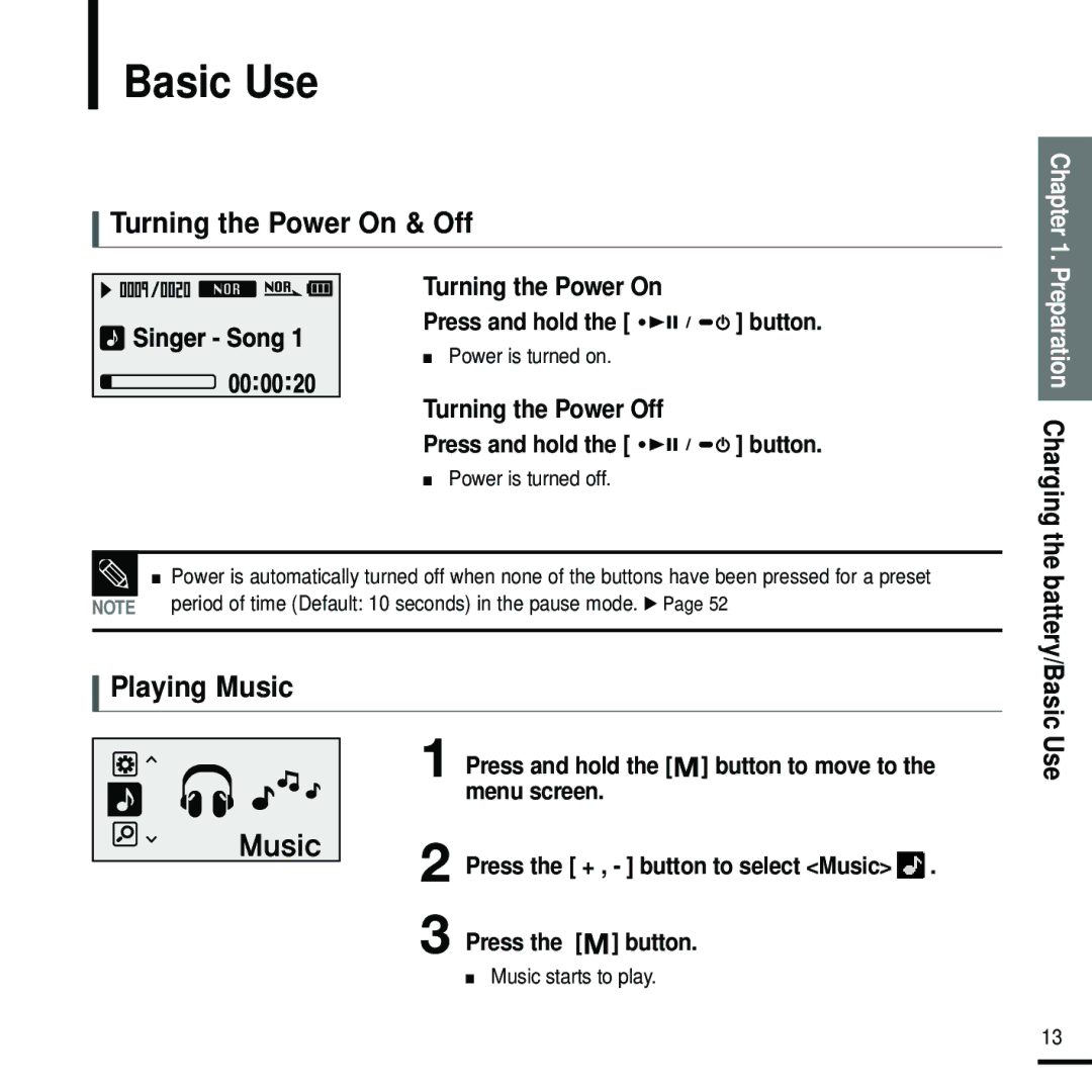 Samsung YP-U2ZB/ELS, YP-U2ZW/ELS, YP-U2RQB/XEF, YP-U2RZB/XEF manual Basic Use, Turning the Power On & Off, Playing Music 