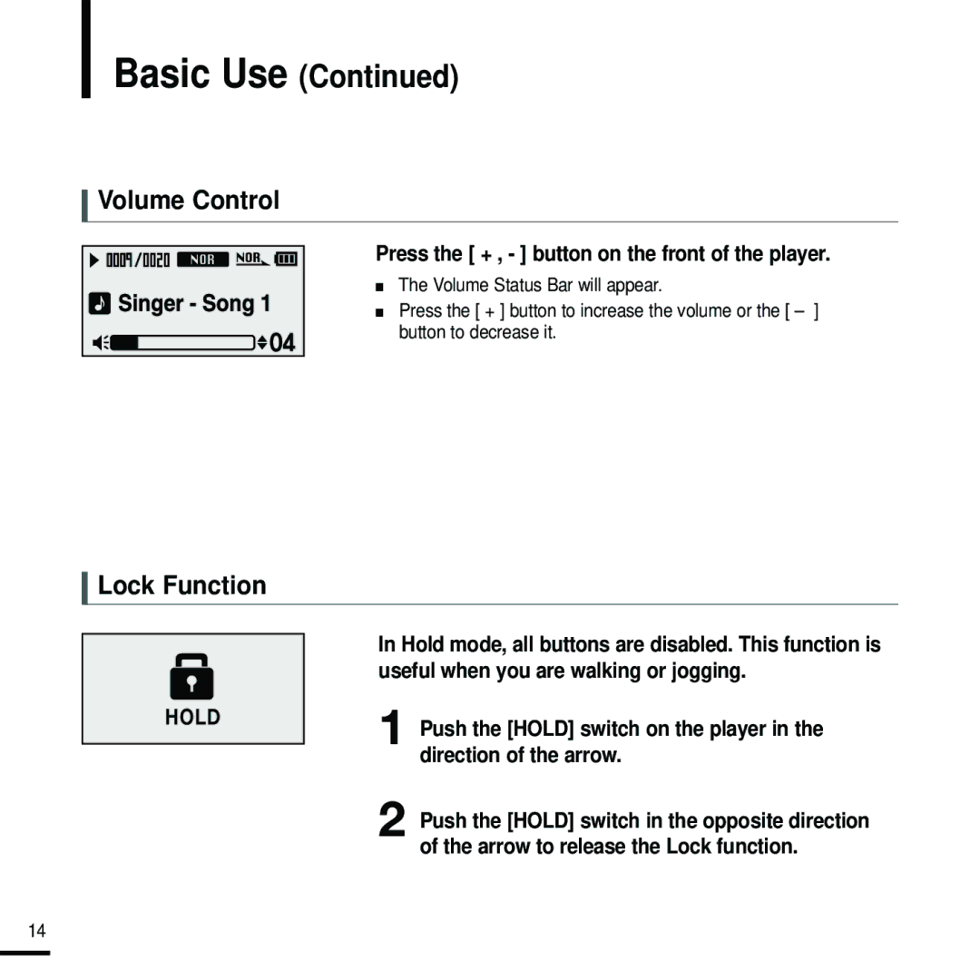 Samsung YP-U2RZB/OMX, YP-U2ZW/ELS manual Volume Control, Lock Function, Press the + , button on the front of the player 