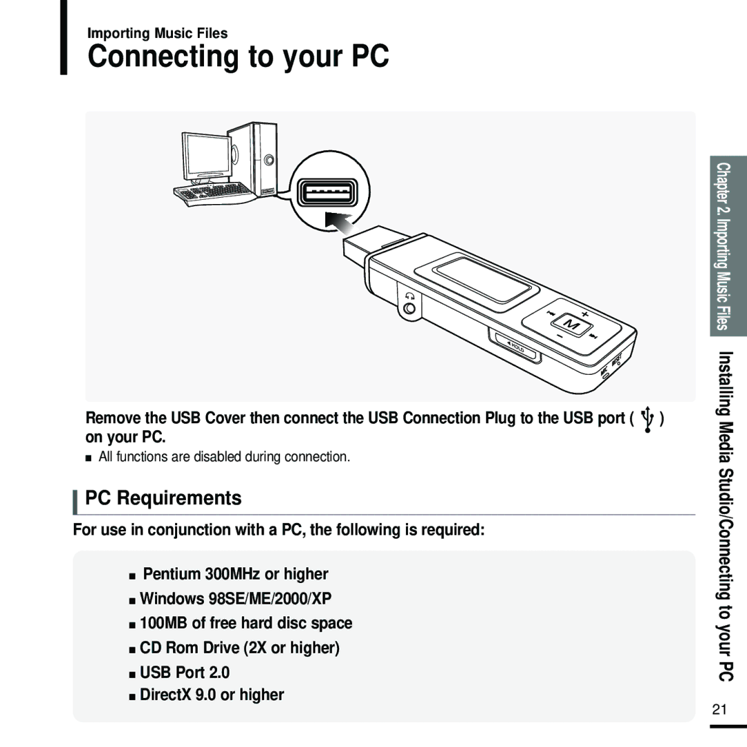 Samsung YP-U2ZW/ELS, YP-U2RQB/XEF Connecting to your PC, PC Requirements, All functions are disabled during connection 