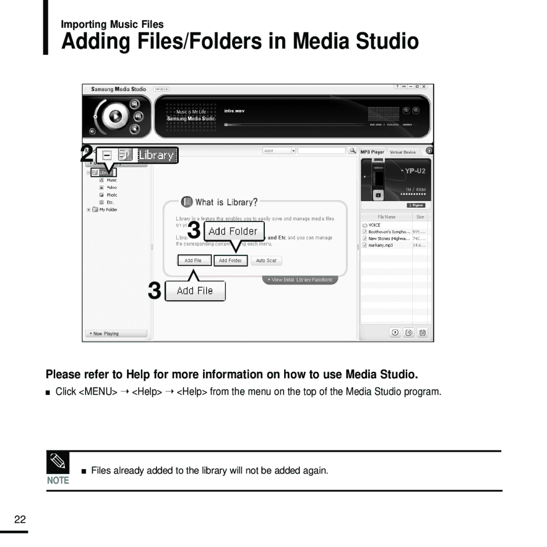 Samsung YP-U2RQB/XEF, YP-U2ZW/ELS, YP-U2RZB/XEF, YP-U2RZB/ELS, YP-U2RQB/ELS, YP-U2RXB/ELS Adding Files/Folders in Media Studio 