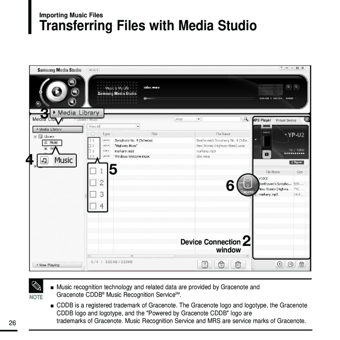 Samsung YP-U2RXB/ELS, YP-U2ZW/ELS, YP-U2RQB/XEF, YP-U2ZB/ELS Transferring Files with Media Studio, Device Connection, Window 