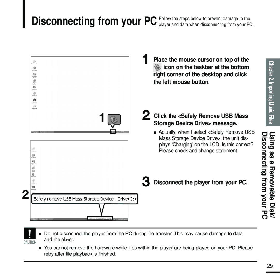 Samsung YP-U2RXW/ELS, YP-U2ZW/ELS, YP-U2RQB/XEF manual Disconnect the player from your PC, Place the mouse cursor on top 