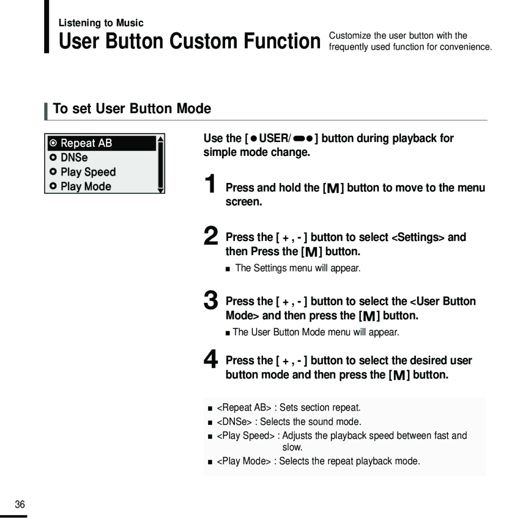 Samsung YP-U2RZW/ELS, YP-U2ZW/ELS To set User Button Mode, Settings menu will appear, User Button Mode menu will appear 