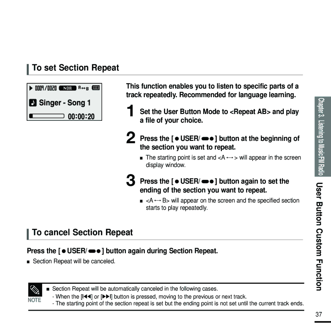 Samsung YP-U2RZW/XEH To set Section Repeat, To cancel Section Repeat, Press the USER/ button again during Section Repeat 