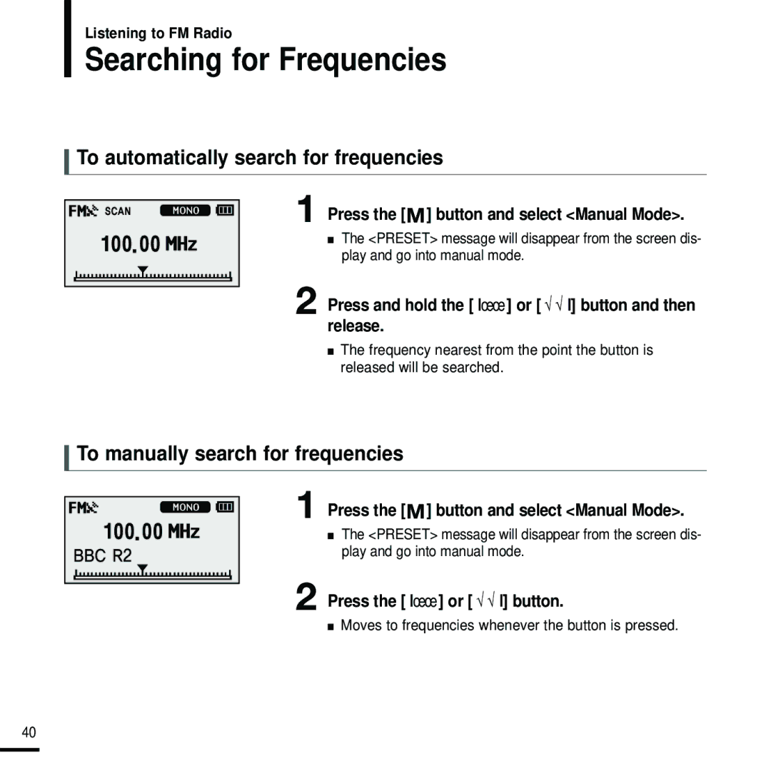 Samsung YP-U2RZB/XEE, YP-U2ZW/ELS, YP-U2RQB/XEF manual Searching for Frequencies, To automatically search for frequencies 