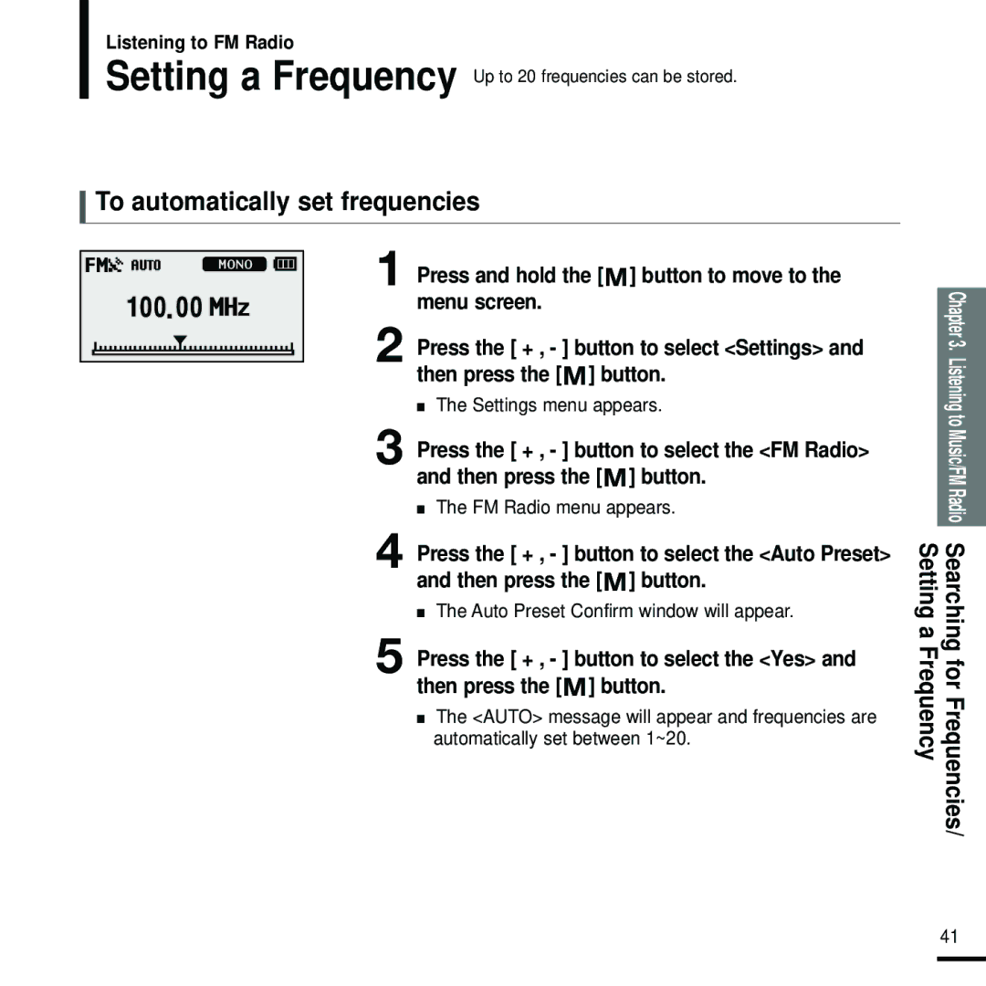 Samsung YP-U2RXB/XET, YP-U2ZW/ELS manual To automatically set frequencies, Settings menu appears, FM Radio menu appears 