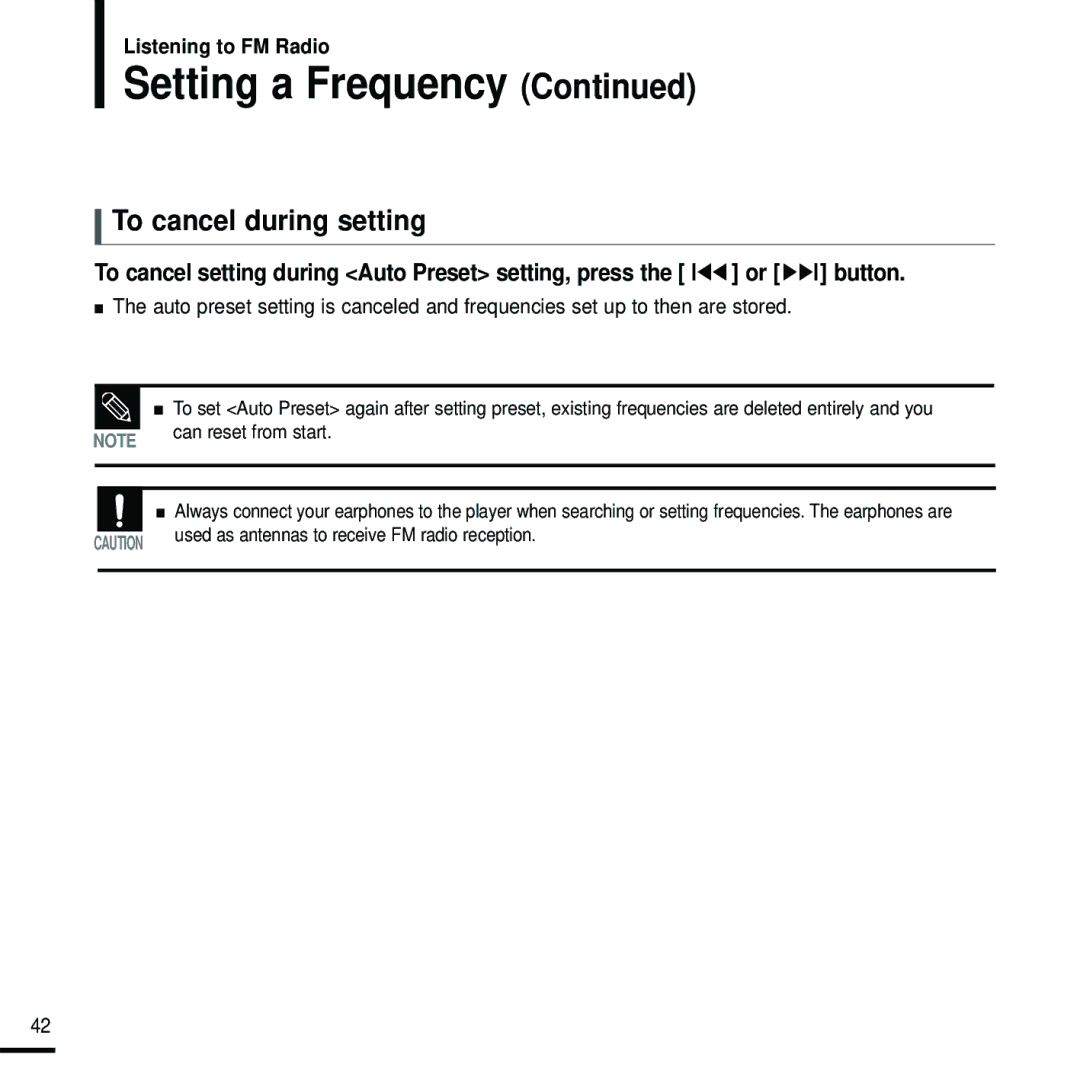 Samsung YP-U2ZW/ELS, YP-U2RQB/XEF, YP-U2RZB/XEF, YP-U2RZB/ELS, YP-U2RQB/ELS Setting a Frequency, To cancel during setting 