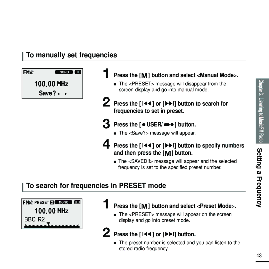 Samsung YP-U2RQB/XEF To manually set frequencies, To search for frequencies in Preset mode, Save? message will appear 