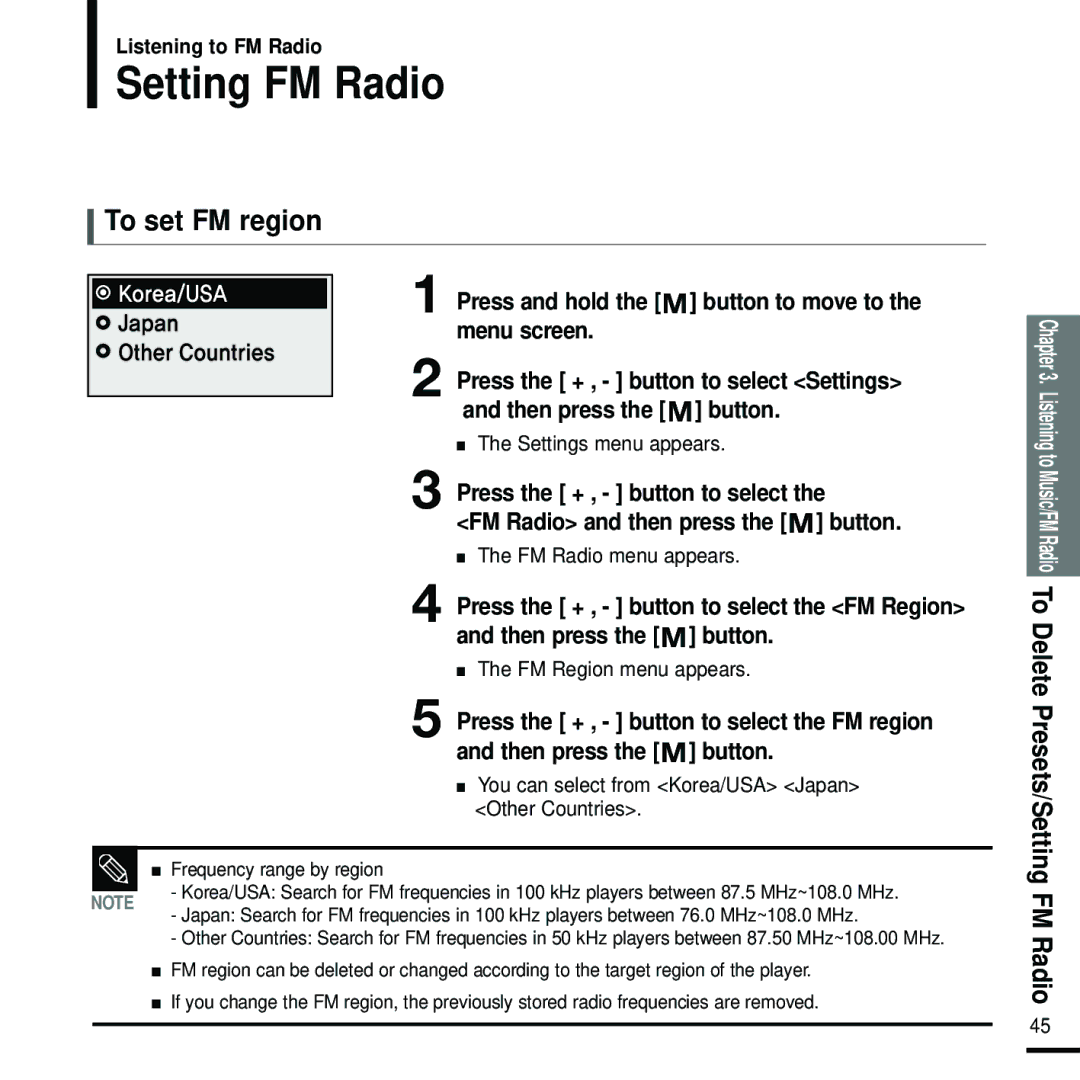 Samsung YP-U2RZB/ELS, YP-U2ZW/ELS, YP-U2RQB/XEF, YP-U2RZB/XEF Setting FM Radio, To set FM region, FM Region menu appears 