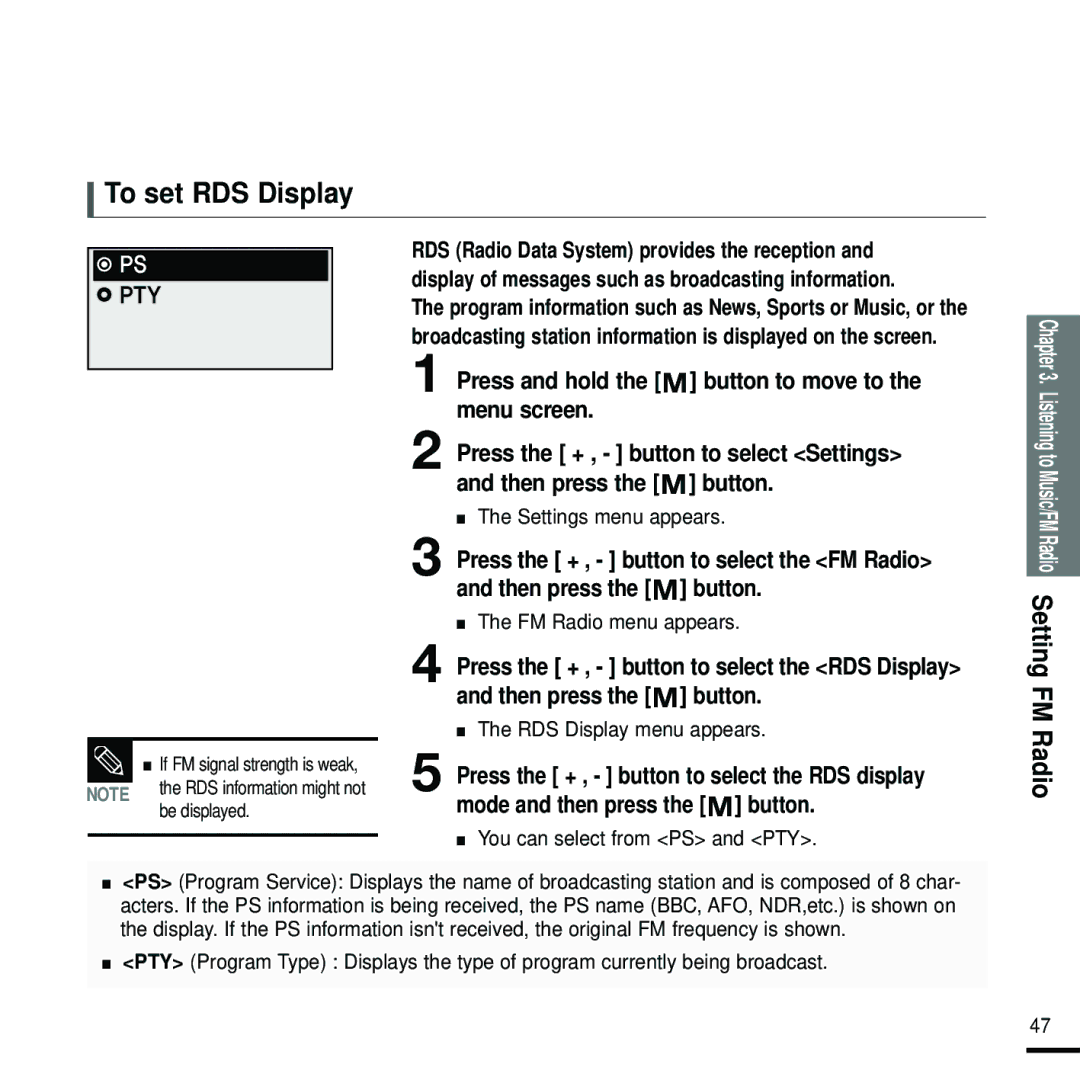 Samsung YP-U2RXB/ELS, YP-U2ZW/ELS, YP-U2ZB/ELS To set RDS Display, RDS Display menu appears, You can select from PS and PTY 