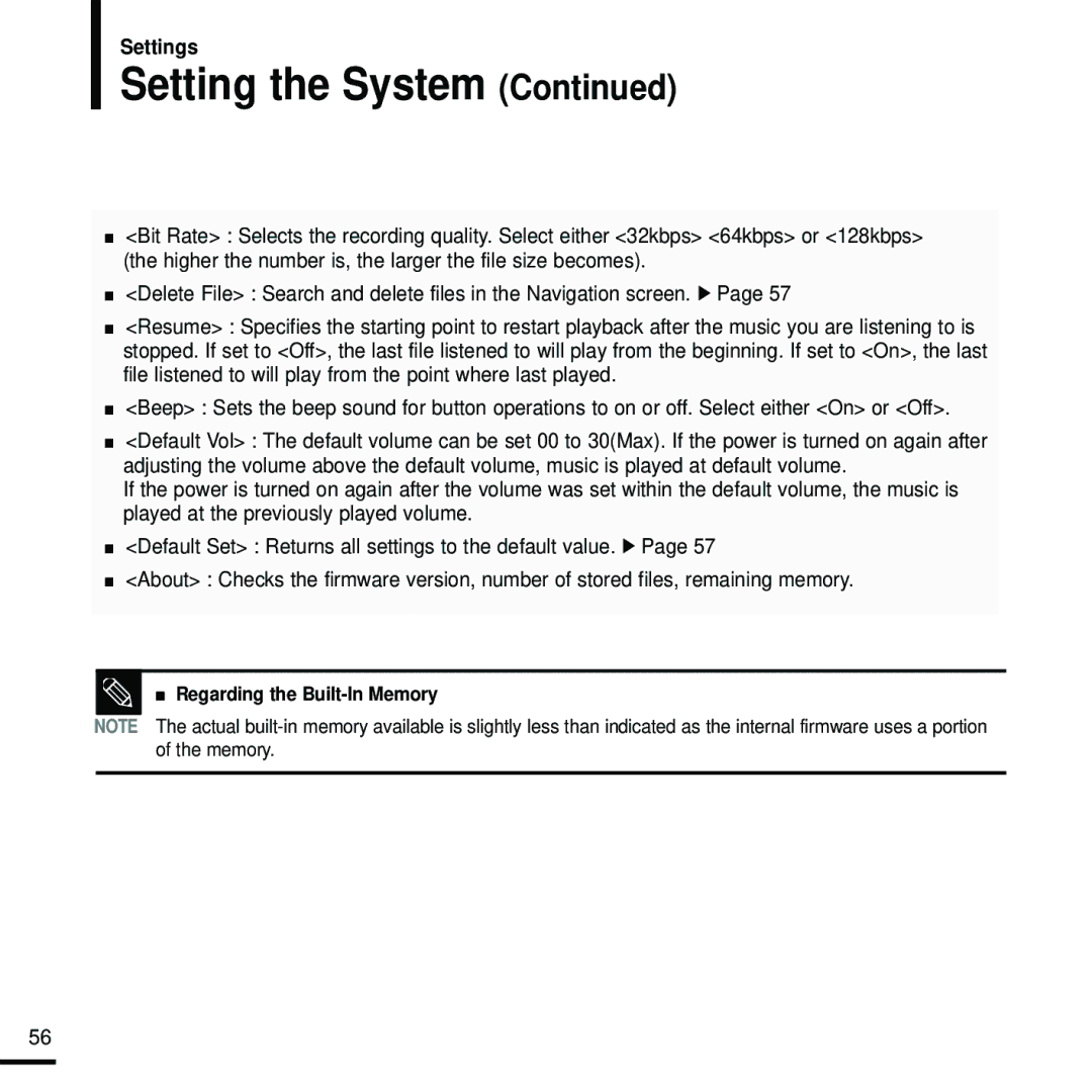 Samsung YP-U2RZB/OMX, YP-U2ZW/ELS, YP-U2RQB/XEF, YP-U2RZB/XEF, YP-U2RZB/ELS, YP-U2RQB/ELS, YP-U2RXB/ELS manual Setting the System 