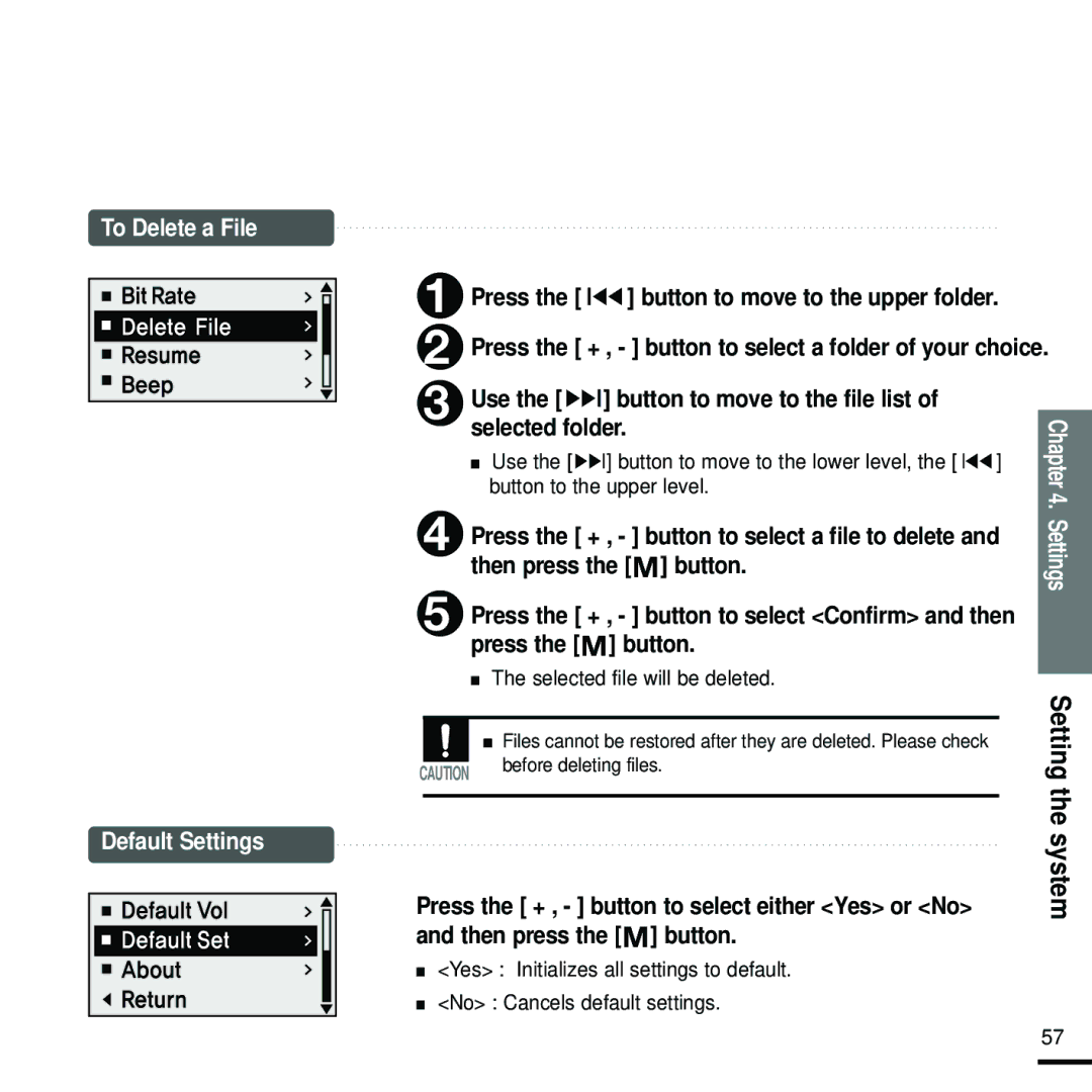 Samsung YP-U2RZW/ELS manual Use the √√l button to move to the file list Selected folder, Then press the button, System 