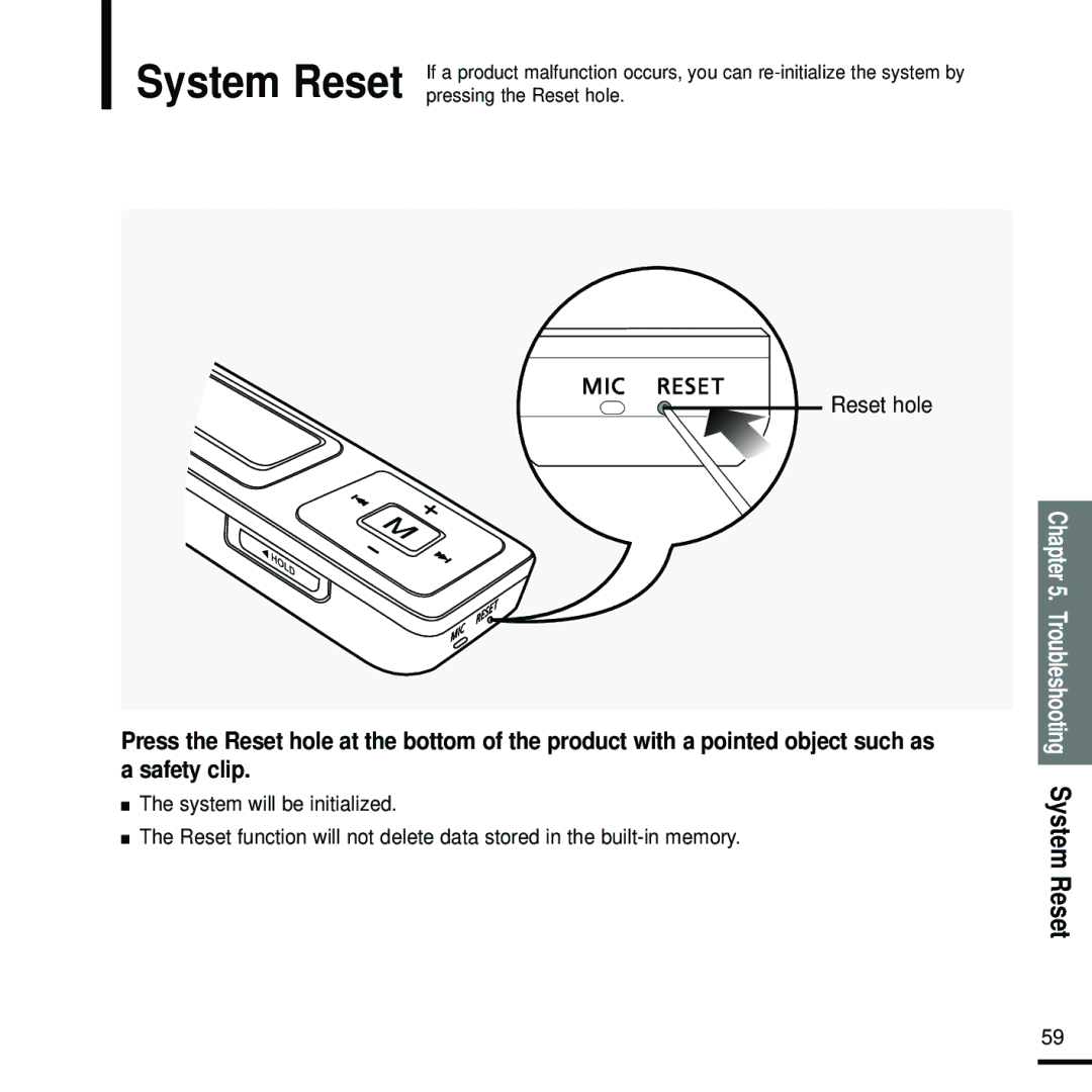 Samsung YP-U2RQB/XEH, YP-U2ZW/ELS, YP-U2RQB/XEF, YP-U2RZB/XEF, YP-U2RZB/ELS, YP-U2RQB/ELS, YP-U2RXB/ELS manual System Reset 