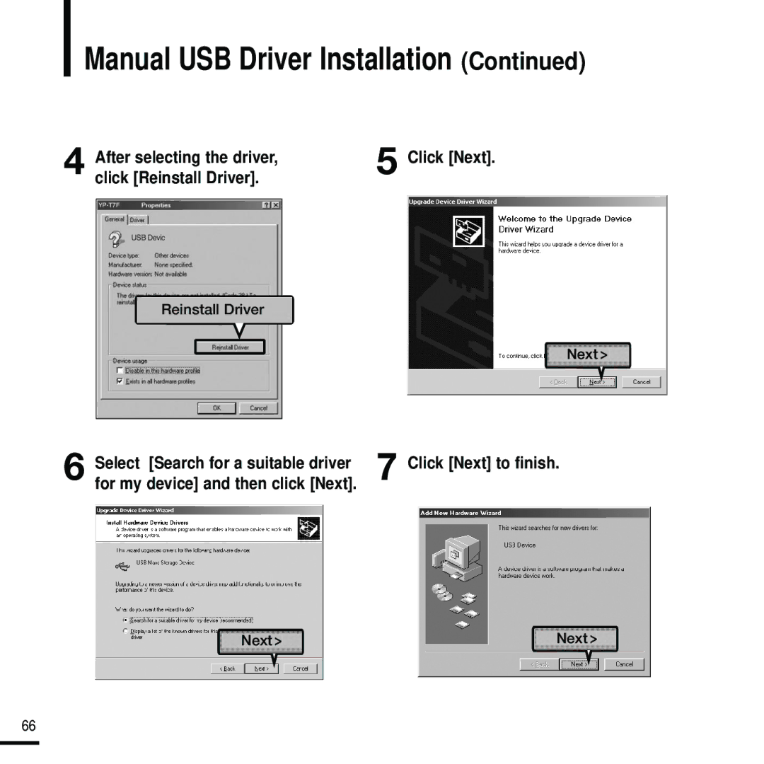 Samsung YP-U2RZB/ELS, YP-U2ZW/ELS, YP-U2RQB/XEF, YP-U2RZB/XEF, YP-U2RQB/ELS manual Manual USB Driver Installation, Click Next 