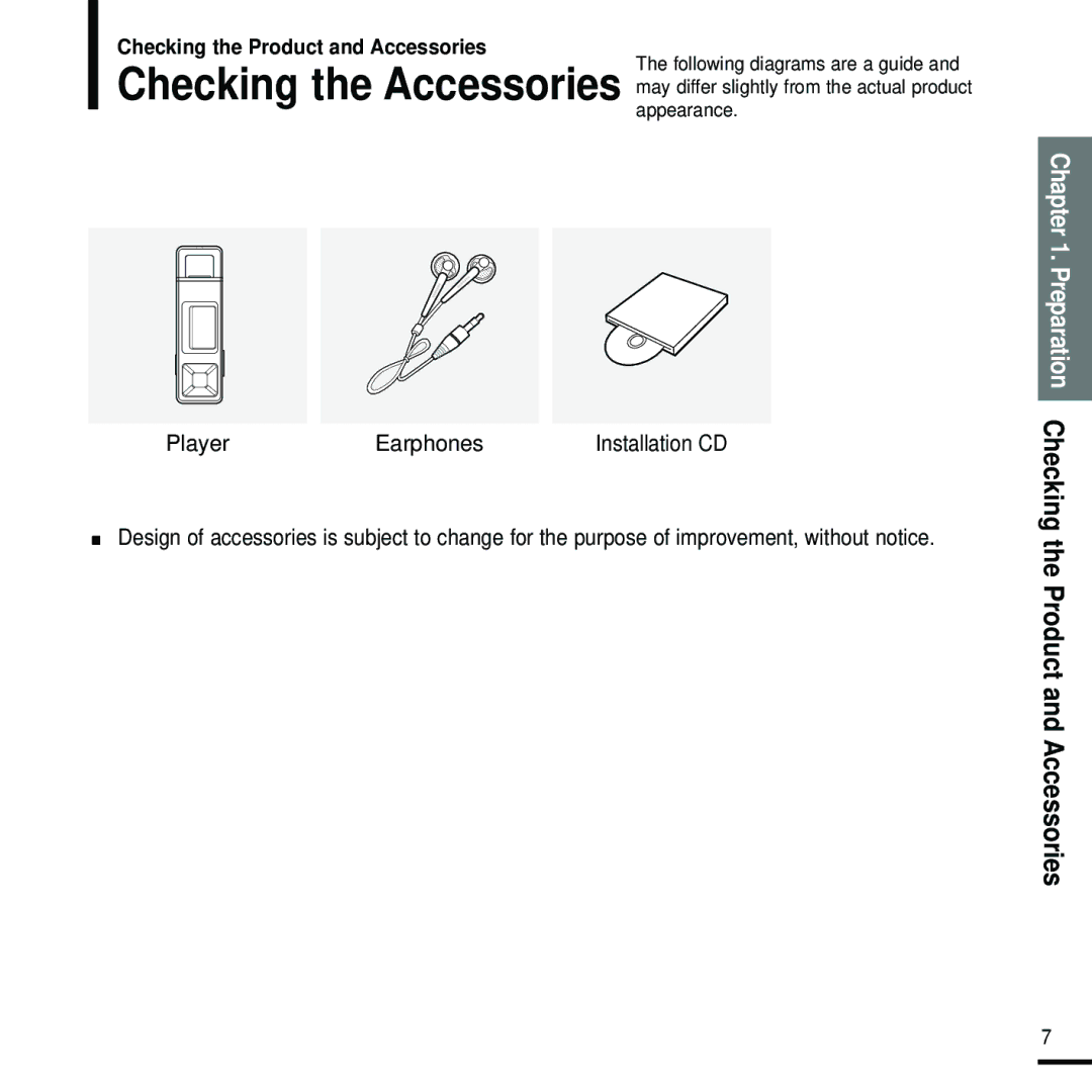 Samsung YP-U2RZW/XET, YP-U2ZW/ELS, YP-U2RQB/XEF manual Preparation Checking the Product and Accessories, Player Earphones 