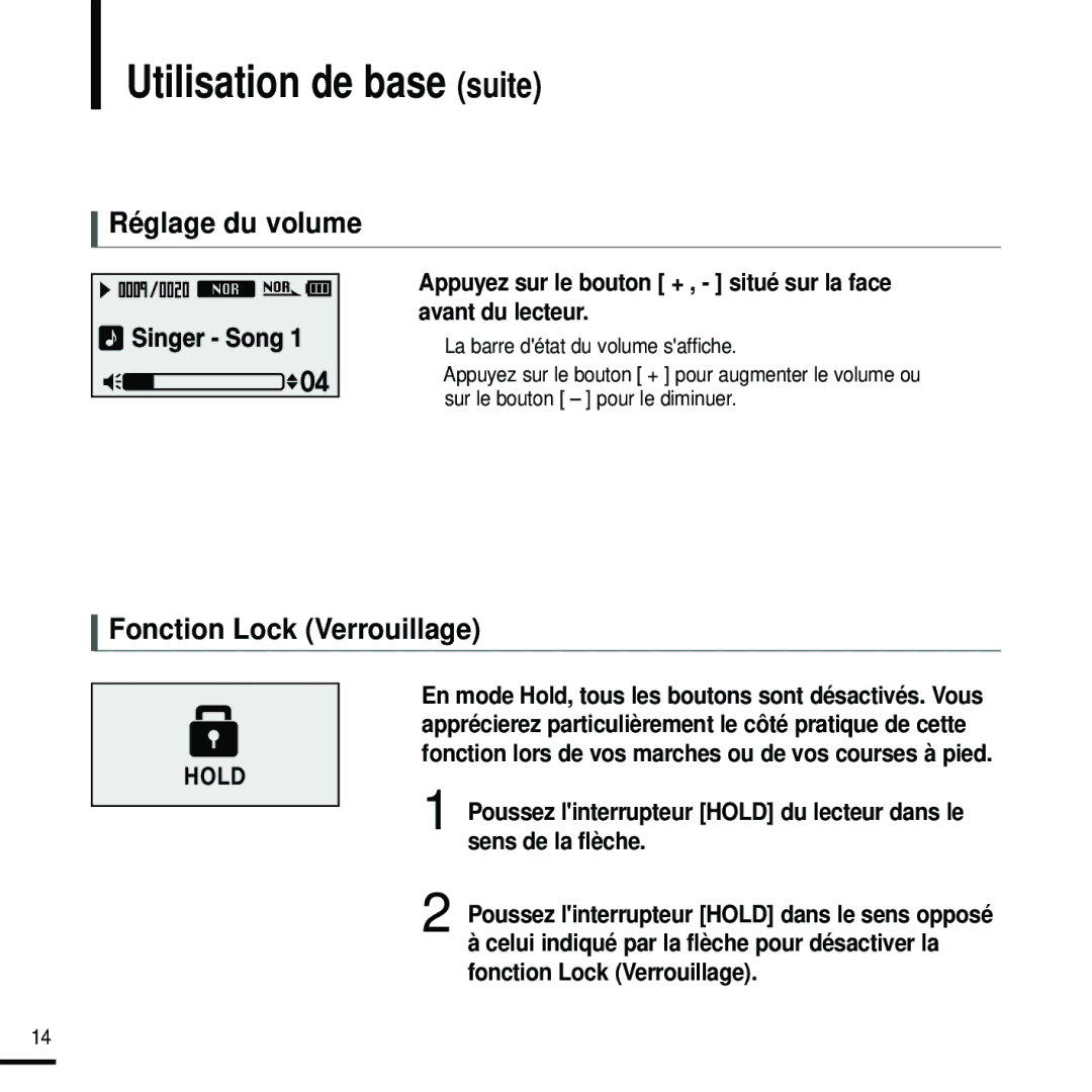 Samsung YP-U2ZW/ELS, YP-U2RQB/XEF, YP-U2RZB/XEF Utilisation de base suite, Réglage du volume, Fonction Lock Verrouillage 