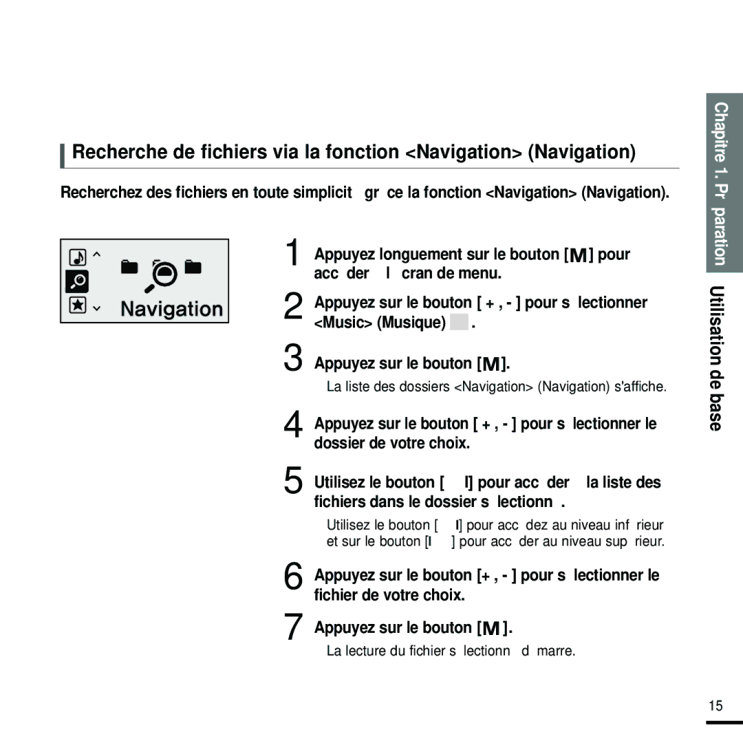 Samsung YP-U2RQB/XEF Recherche de fichiers via la fonction Navigation Navigation, Music Musique, Appuyez sur le bouton 