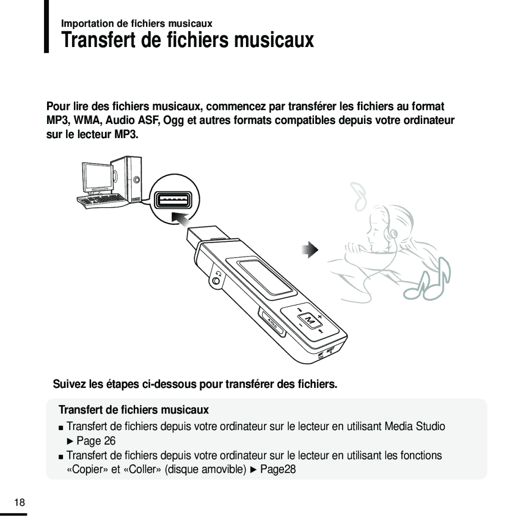 Samsung YP-U2RQB/ELS, YP-U2ZW/ELS, YP-U2RQB/XEF, YP-U2RZB/XEF, YP-U2RZB/ELS, YP-U2RXB/ELS manual Transfert de fichiers musicaux 