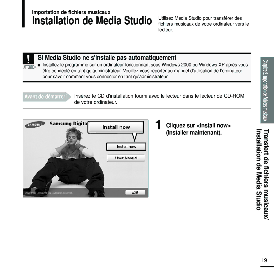 Samsung YP-U2RXB/ELS, YP-U2ZW/ELS, YP-U2RQB/XEF, YP-U2RZB/XEF, YP-U2RZB/ELS, YP-U2RQB/ELS manual Installation de Media Studio 