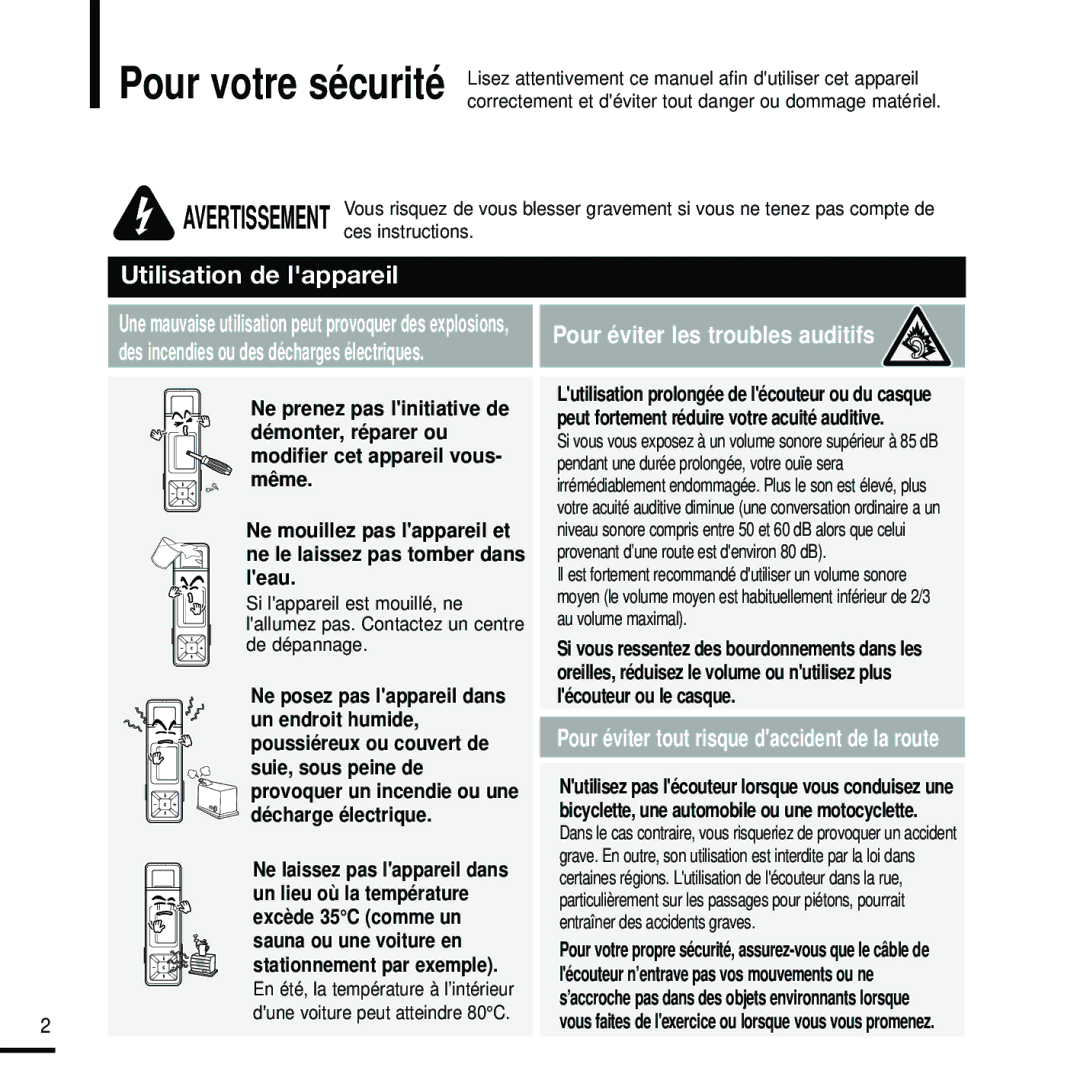 Samsung YP-U2RZB/XEF, YP-U2ZW/ELS, YP-U2RQB/XEF, YP-U2RZB/ELS, YP-U2RQB/ELS, YP-U2RXB/ELS manual Utilisation de lappareil 