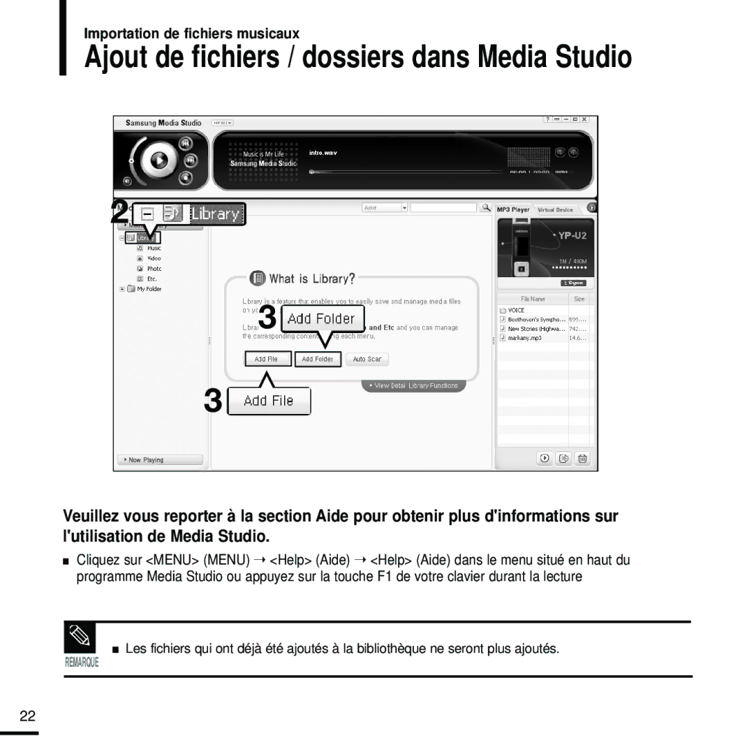 Samsung YP-U2RQB/XEF, YP-U2ZW/ELS, YP-U2RZB/XEF, YP-U2RZB/ELS, YP-U2RQB/ELS Ajout de fichiers / dossiers dans Media Studio 