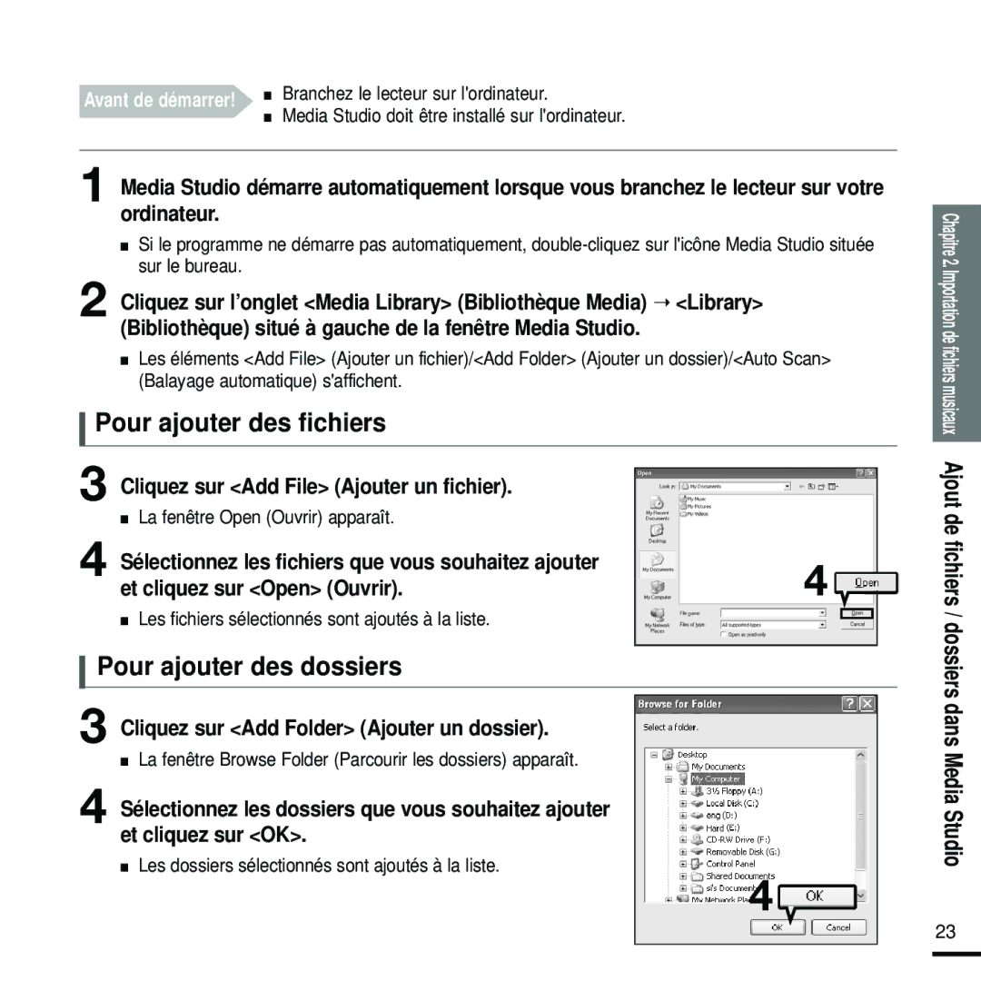 Samsung YP-U2RZB/XEF manual Pour ajouter des fichiers, Pour ajouter des dossiers, Cliquez sur Add File Ajouter un fichier 