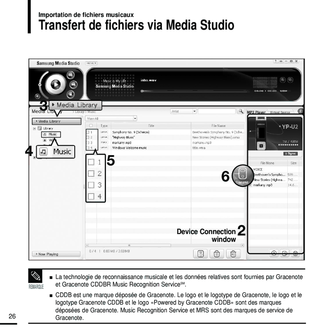 Samsung YP-U2RXB/ELS, YP-U2ZW/ELS manual Transfert de fichiers via Media Studio, Device Connection, Window, 26Gracenote 