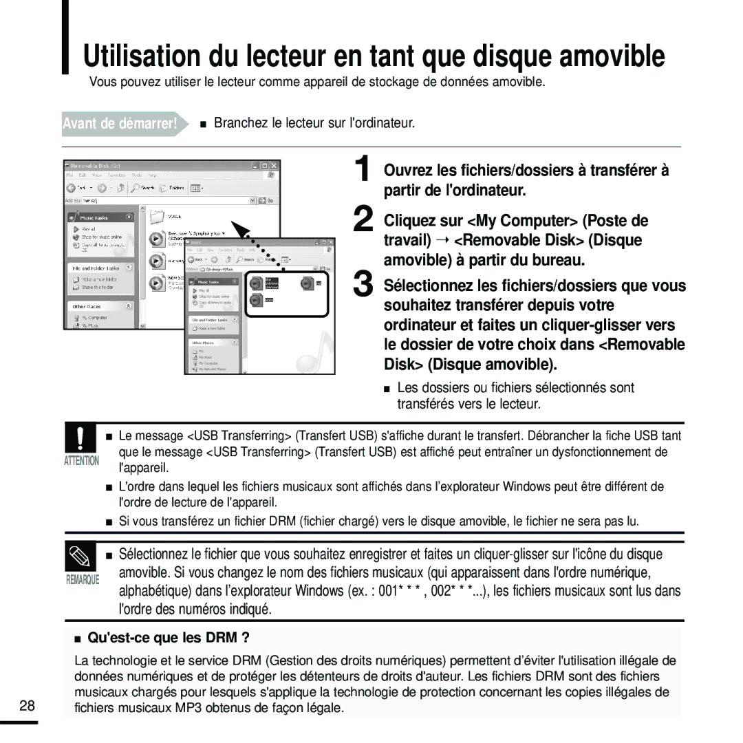 Samsung YP-U2ZW/ELS, YP-U2RQB/XEF manual Utilisation du lecteur en tant que disque amovible, Lordre des numéros indiqué 