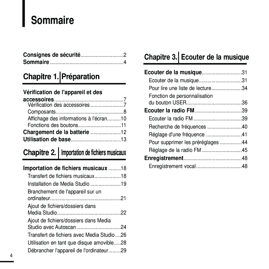 Samsung YP-U2RQB/ELS, YP-U2ZW/ELS, YP-U2RQB/XEF, YP-U2RZB/XEF, YP-U2RZB/ELS manual Sommaire, Vérification de lappareil et des 