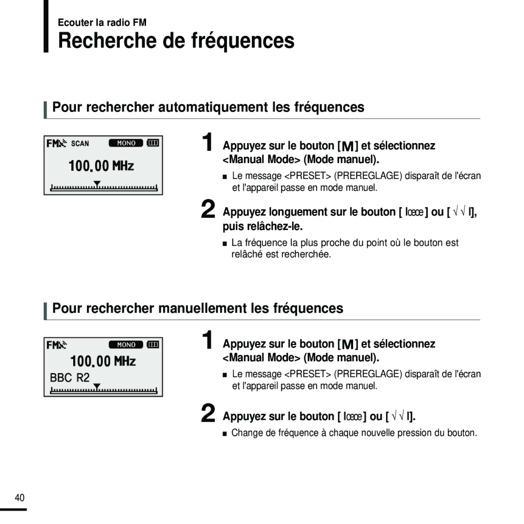 Samsung YP-U2RXB/ELS, YP-U2ZW/ELS, YP-U2RQB/XEF Recherche de fréquences, Pour rechercher automatiquement les fréquences 