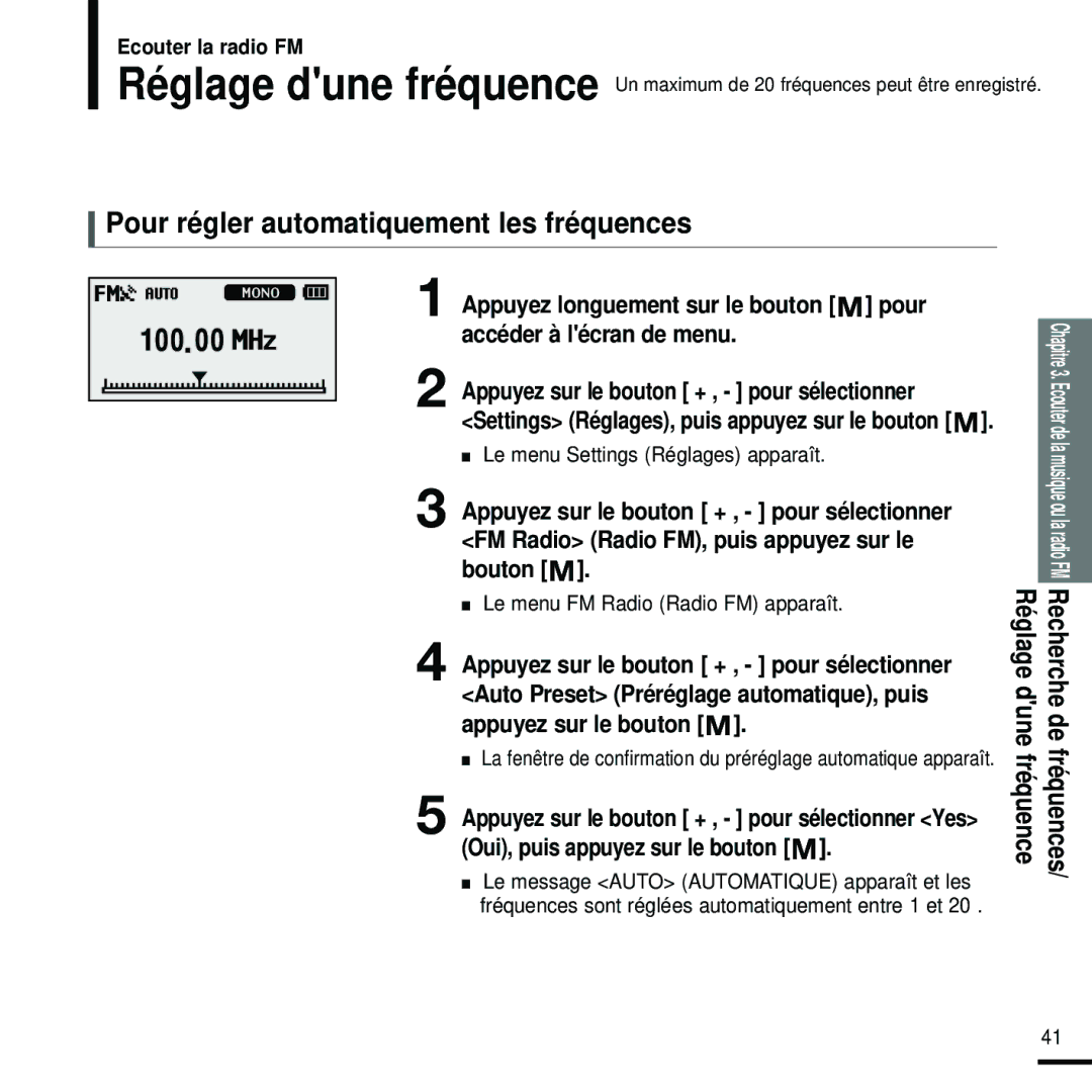 Samsung YP-U2RXB/XEF manual Pour régler automatiquement les fréquences, Appuyez sur le bouton + , pour sélectionner, Bouton 