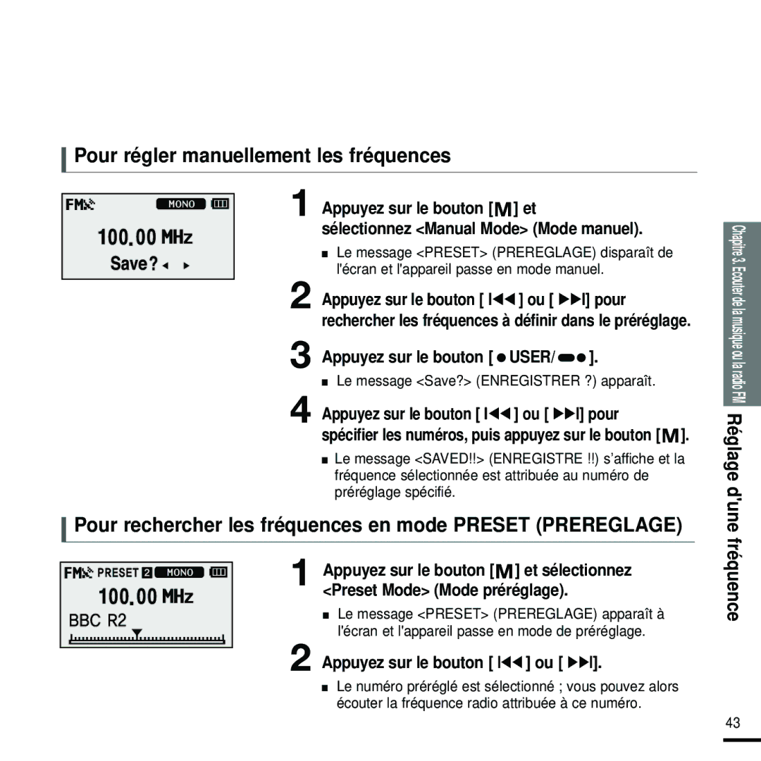 Samsung YP-U2RQB/XEF Pour régler manuellement les fréquences, Pour rechercher les fréquences en mode Preset Prereglage 