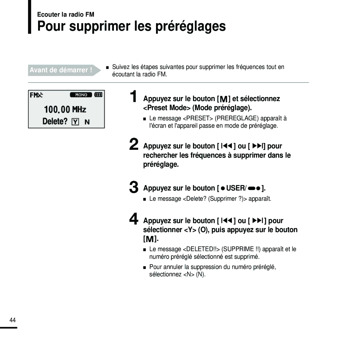 Samsung YP-U2RZB/XEF, YP-U2ZW/ELS, YP-U2RQB/XEF Pour supprimer les préréglages, Le message Delete? Supprimer ? apparaît 