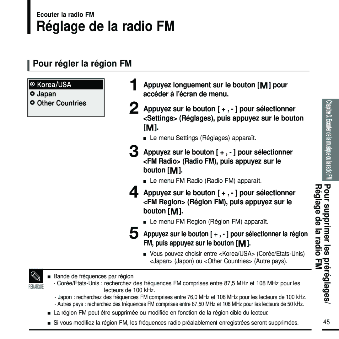 Samsung YP-U2RZB/ELS, YP-U2ZW/ELS Réglage de la radio FM, Pour régler la région FM, Réglage de la radio Pour supprimer les 