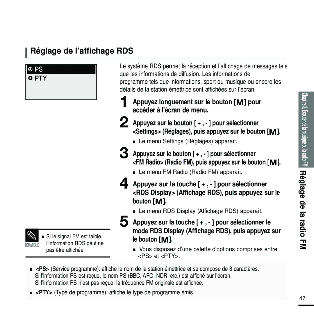 Samsung YP-U2RXB/ELS, YP-U2ZW/ELS manual Réglage de l’affichage RDS, Radio FM, Le menu RDS Display Affichage RDS apparaît 