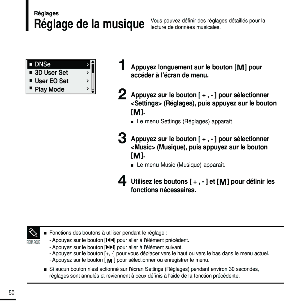 Samsung YP-U2RQB/XEF, YP-U2ZW/ELS, YP-U2RZB/XEF, YP-U2RZB/ELS manual Réglage de la musique, Le menu Music Musique apparaît 