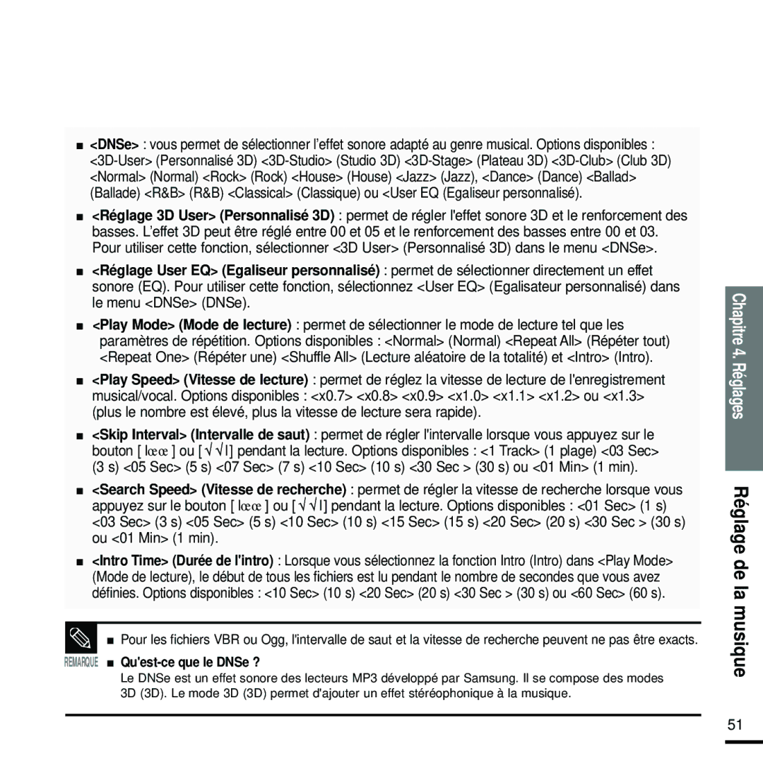 Samsung YP-U2RZB/XEF, YP-U2ZW/ELS, YP-U2RQB/XEF, YP-U2RZB/ELS, YP-U2RQB/ELS manual Chapitre 4. Réglages Réglage de la musique 