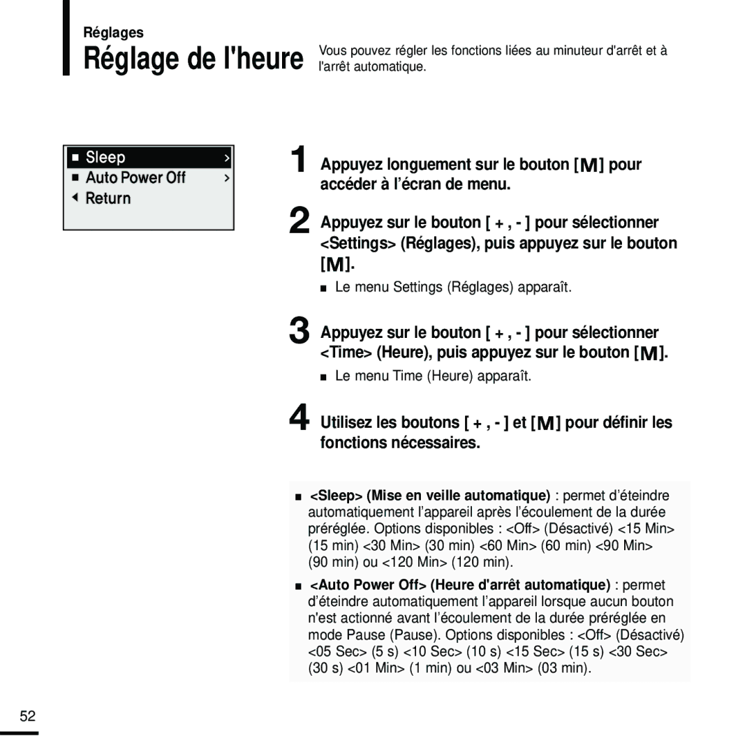 Samsung YP-U2RZB/ELS, YP-U2ZW/ELS, YP-U2RQB/XEF, YP-U2RZB/XEF manual Le menu Time Heure apparaît, Min ou 120 Min 120 min 