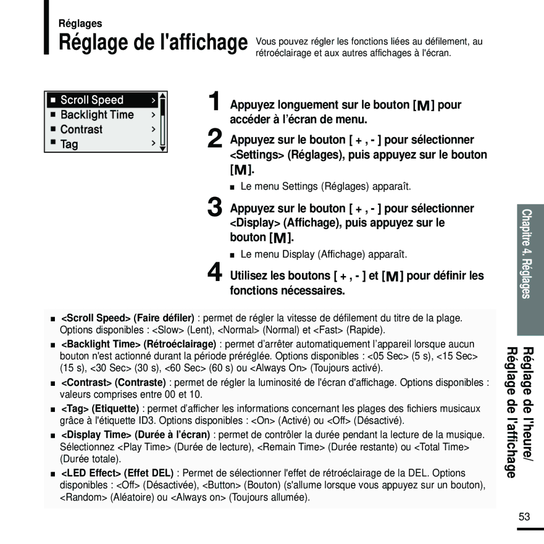 Samsung YP-U2RQB/ELS, YP-U2ZW/ELS, YP-U2RQB/XEF manual Réglage De laffichage De lheure, Le menu Display Affichage apparaît 