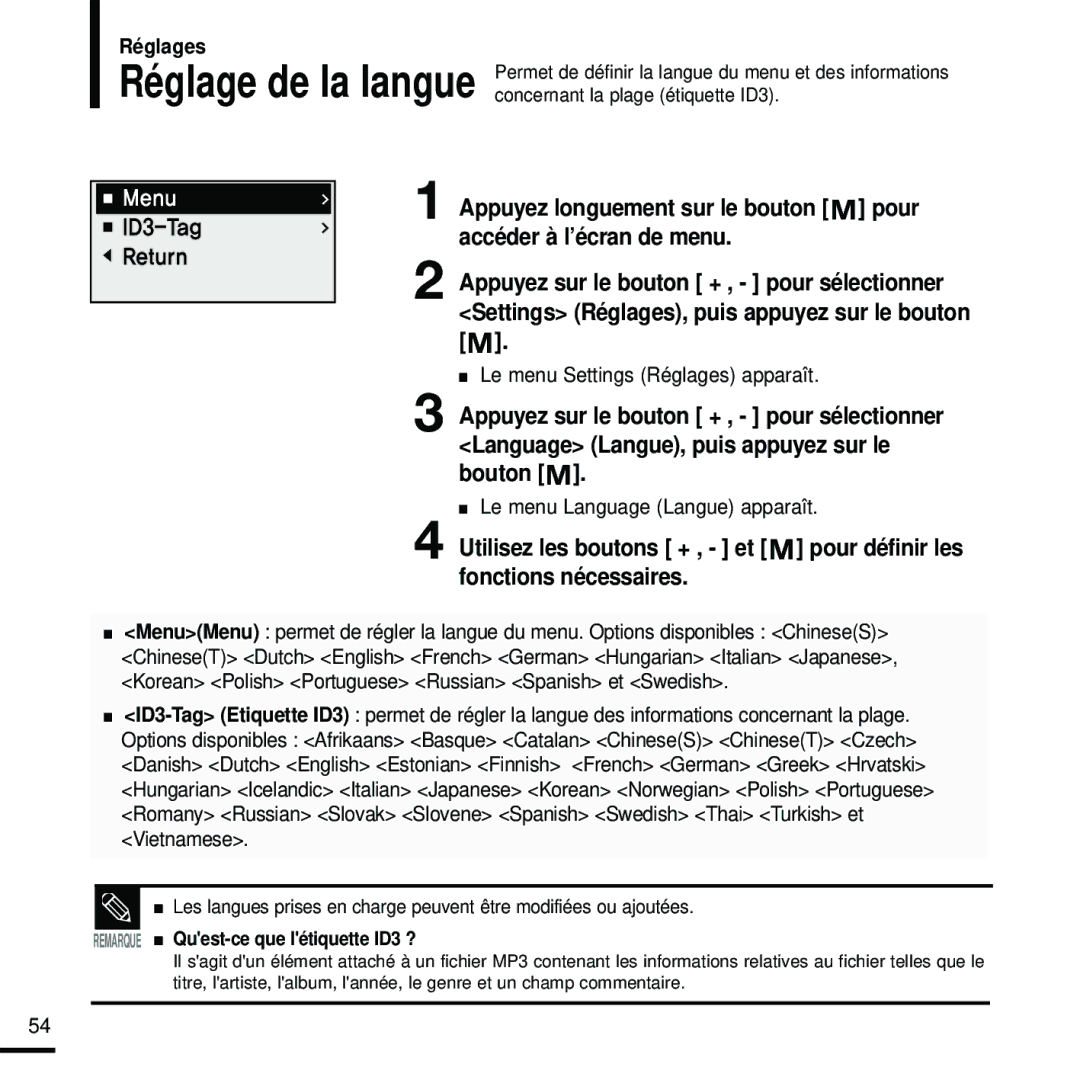 Samsung YP-U2RXB/ELS, YP-U2ZW/ELS, YP-U2RQB/XEF Le menu Language Langue apparaît, Remarque Quest-ce que létiquette ID3 ? 